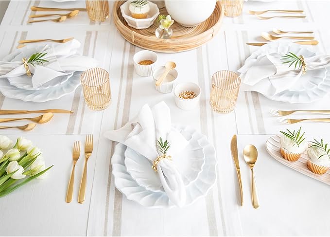Solino Home Striped Linen Dinner Napkins Set of 4-100% Pure Linen Natural and White Cloth Napkins 20 x 20 Inch for Summer - French Stripe, Handcrafted and Machine Washable