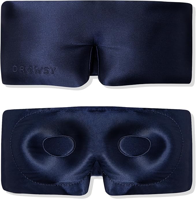DROWSY Eyelash Protecting Silk Sleep Mask for Natural Lashes & Extensions. Deep Eye Cups, Zero Pressure, Total Blackout, Full Wraparound (Midnight Blue)