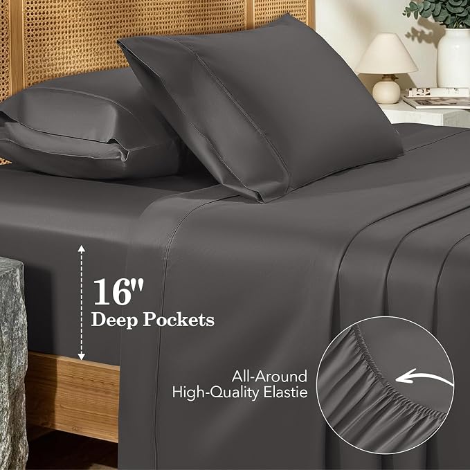 SONORO KATE 100% Organic Cotton Sheets Set - 600 Thread Count, GOTS Certified Cotton Bed Sheets, Soft, Breathable & Silky Sateen Weave Sheets, 16" Deep Pockets - 4 PC (Dark Grey,Queen)