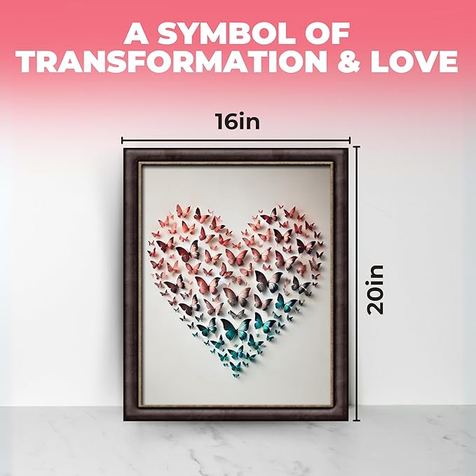 InkFlow Posters Butterfly Heart Poster - 3D Paper Butterflies in Pink, Blue, and Teal - Abstract Love Art for Bedroom, Living Room, Home - 16x20 Unframed Canvas Print