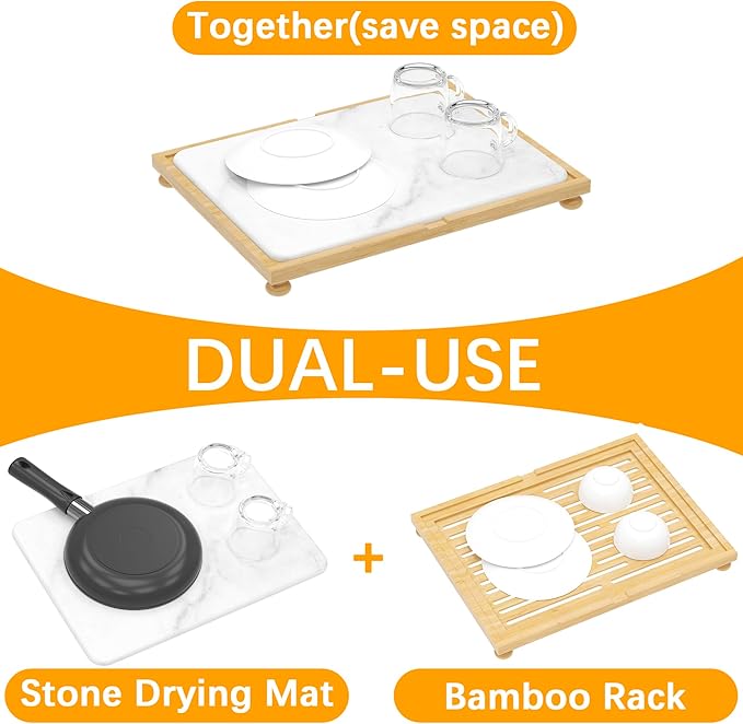 Golener Stone Drying Mat for Kitchen Counter, Dish Drying Pad with Bamboo Rack, Super Absorbent Diatomaceous Earth and Drying Rack, Multi-purpose Quick Drying Mat Rack for Kitchen,16āx12ā,Marble White