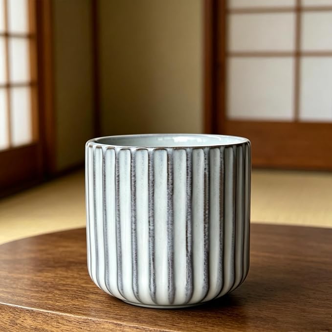 Japanese Ceramic Mug, Vintage Tea Cup 6oz Striped Cup No Handle Drinking Cup for Latte Milk Water Beverage Juice Microwave and Dishwasher Safe, Kiln Transformation Cup (Vintage White)
