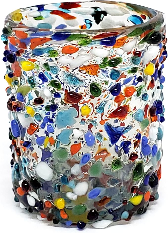 Confetti Rocks 10 oz Tumbler Glasses (set of 6) | Hand Blown Drinking Glasses, Multicolor Mexican Glassware Tumblers for Water, Juice, Margaritas & Cocktails | Lead-free, Toxin-Free