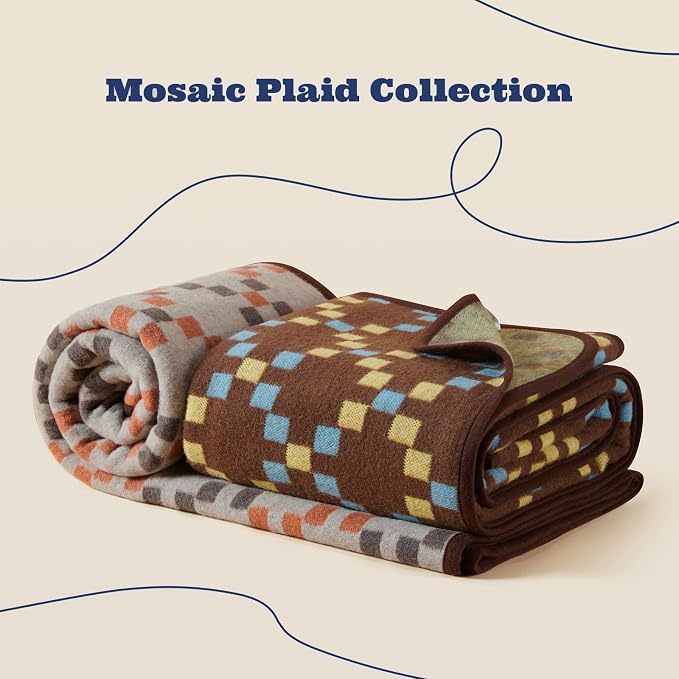 ACUSHLA Merino Wool Blanket - Soft Warm Thick Washable Large Throw Blanket for Camping Bed Couch Outdoor Travel All Weather, Mosaic Plaid Brown 79X63