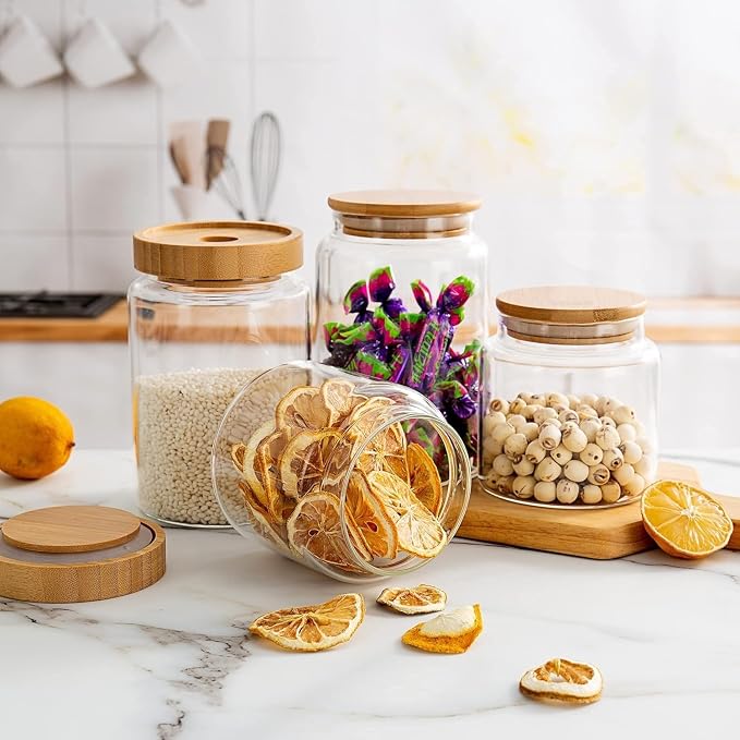 3 Pack 480 ml / 16 oz clear cute glass storage canister holder with airtight bamboo lid, modern decorative small container jar for coffee, spice, candy, salt, cookie, condiment, pepper, sugar