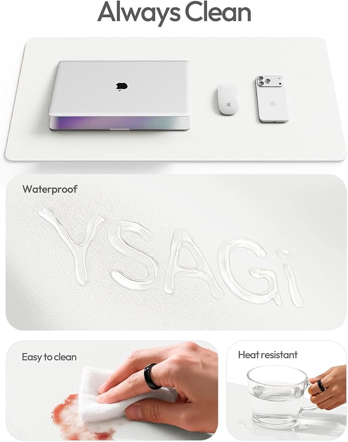 YSAGi Leather Desk Protector, Office Mat, Large Mouse Mat, Non-Slip PU Leather Blotter, Laptop Desk Mat, Waterproof Writing Pad for Office and Home(White, 63" x 17.2")