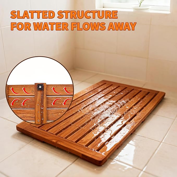 Utoplike Teak Bath Mat, Large Wood Shower Mats for Bathroom, 31.7"x17.9" Sturdy Floor Mat for Indoor Spa or Outdoor