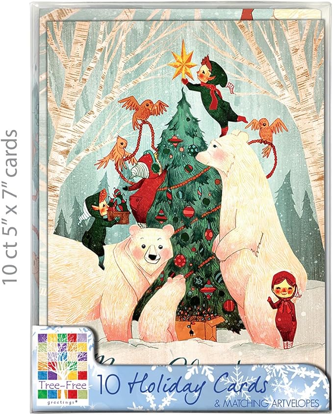 Tree-Free Greetings - Season's Greeting Cards - Artful Designs - 10 Cards + Matching Envelopes - Made in USA - 100% Recycled Paper - 5 x 7 - Christmas Laughter (HB93535)