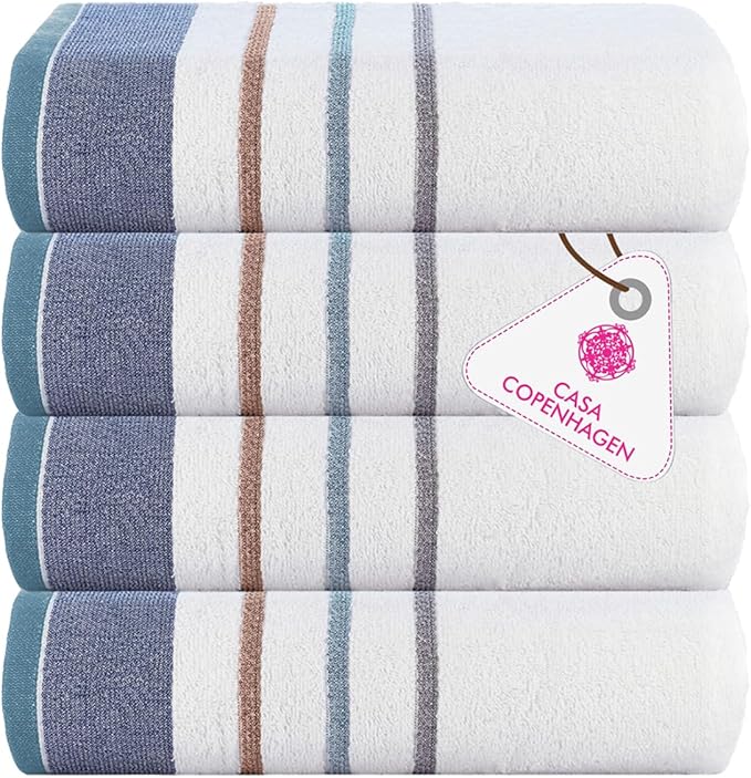 CASA COPENHAGEN White Bay 4Pcs 100% Egyptian Cotton Large Designer Towels Gift Set- Grey - Denim, 600 GSM, 55"x27", 4Bath Towels for Bathroom (Box Pack, Set for Women & Men)