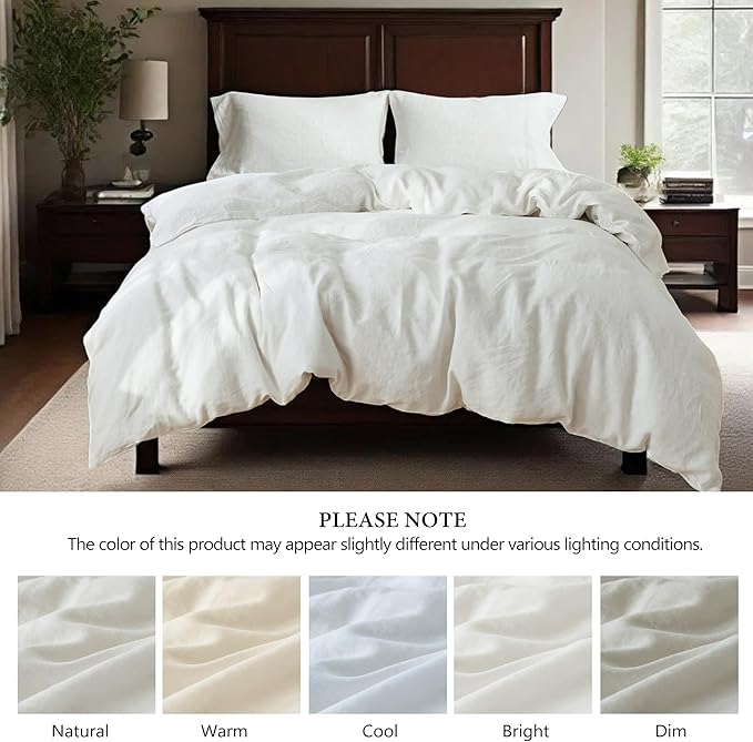 100% Linen Duvet Cover Set, 3 PCS Natural French Flax White Duvet Cover Queen Size, Breathable Soft Comfy Linen Bedding Comforter Cover with 2 Pillowcases(White, 88" x 92")