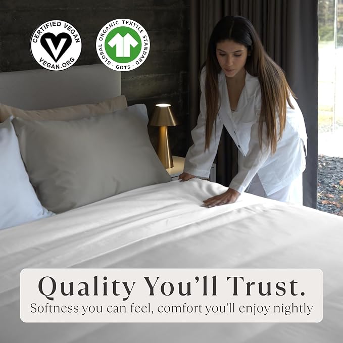 Delilah Home 100% Organic Cotton Queen Fitted Sheet, GOTS & Vegan.org Verified, Long Stem 300 TC Sateen Bedding, Non-Synthetic, Deep Pocket Fitted Linen, Lightweight, All-Season, 1 Piece Set - White