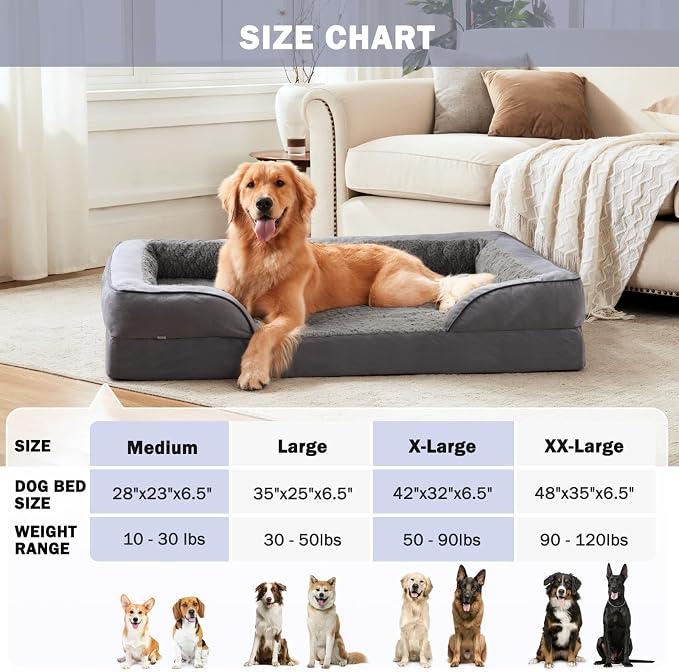INVENHO Orthopedic Dog Beds Large Sized, XL Washable Dog Sofa with Egg-Crate Foam, Waterproof Lining and Non-Skid Bottom