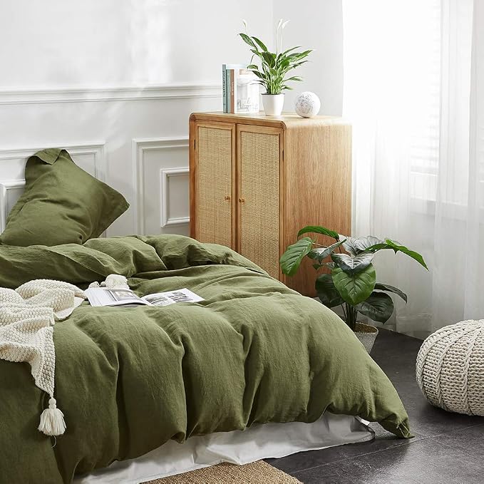 Simple&Opulence 100% Linen Duvet Cover Set 2pcs Basic Style Natural French Washed Flax Solid Color Soft Breathable Farmhouse Bedding with Button Closure - Olive Green, Twin