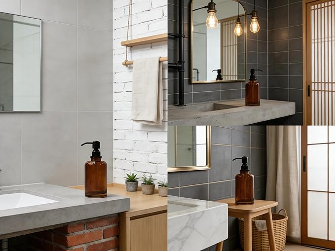 Amber Glass Soap Dispenser, 17oz 500ml Refillable Liquid Hand Soap Dispenser, 304 Stainless Steel Pump Leakproof Lotion Container for Bathroom Kitchen Sink Vanity Countertop