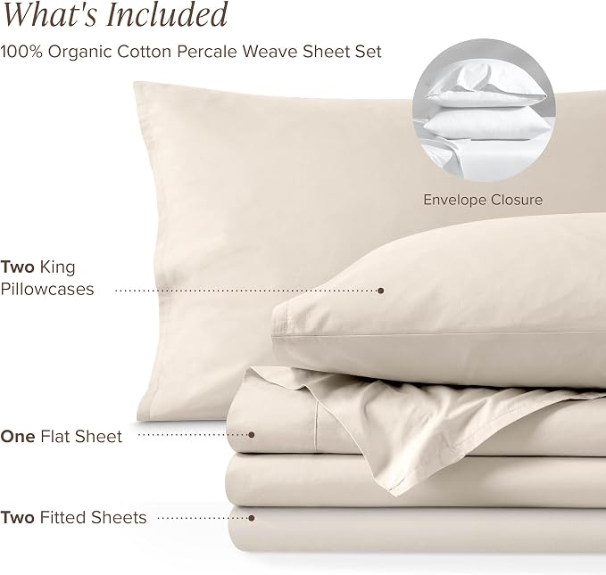 Bare Home 100% Organic Cotton Split King Sheet Set - Crisp Percale Weave - Lightweight & Breathable - Bedding Sheets & Pillowcases (Split King, French Beige)