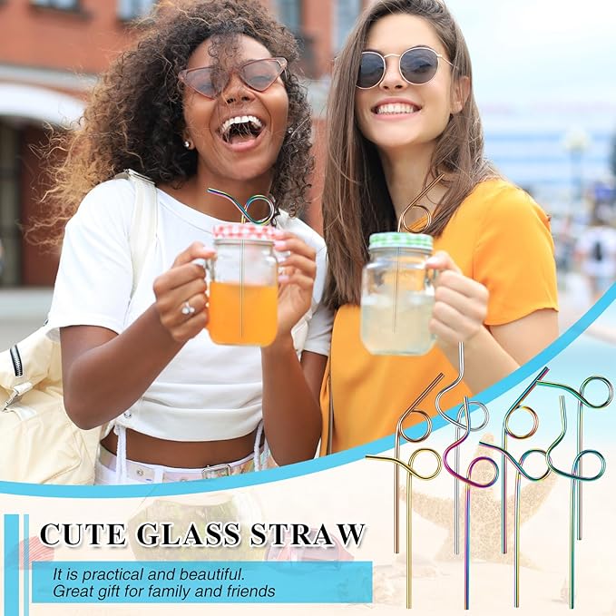 Gejoy 8 Pcs Reusable Stainless Steel Straw with Design Curved Silly Straws with 2 Cleaning Brushes Multicolor Metal Drinking tubes for Kids Adults Juice