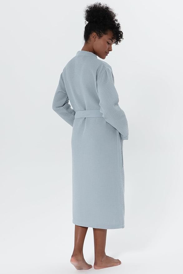 SEYANTE Women's Organic Cotton Waffle Kimono, Hooded Robe – GOTS Certified Lightweight Full-Length Spa Bathrobe with Piping