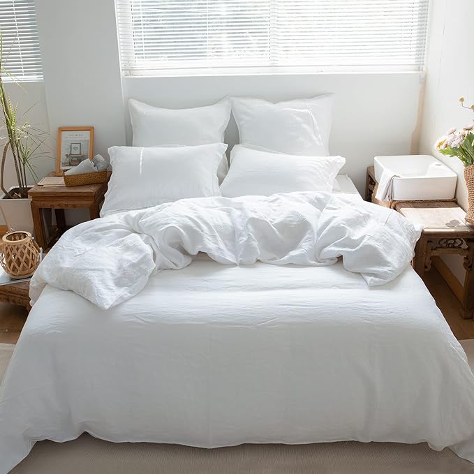 Simple&Opulence 100% Washed Linen Euro Shams 26'' x 26'' Pack of 2, Basic Style Solid Color Natural Flax Farmhouse Decorative Square Throw Pillow Covers for Bed Couch Sofa - White