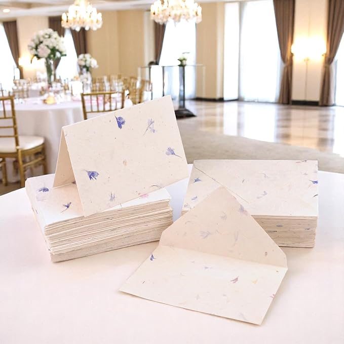 Kathmandu Valley Co. 50 Vintage 4x6 Handmade Lokta Paper Nepali Cherish Greeting Cards & Matching Decorative Flower Petal Envelopes. Folded blank cards. Handmade In Nepal. (Cornflower)