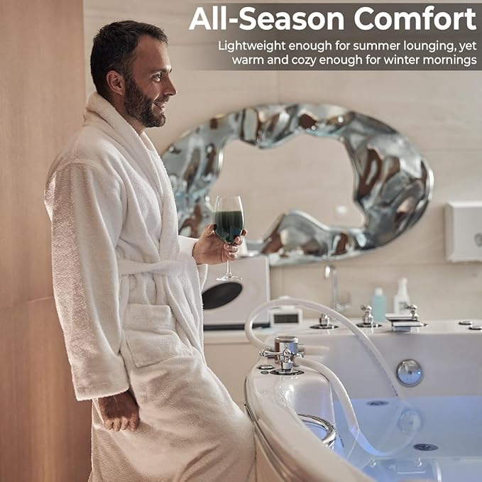Men’s Hooded Bathrobe, 100% Cotton Terry Bathrobe, Spa Style Bath Robe, Absorbent Shower Robe, Lightweight Towel Bathrobes