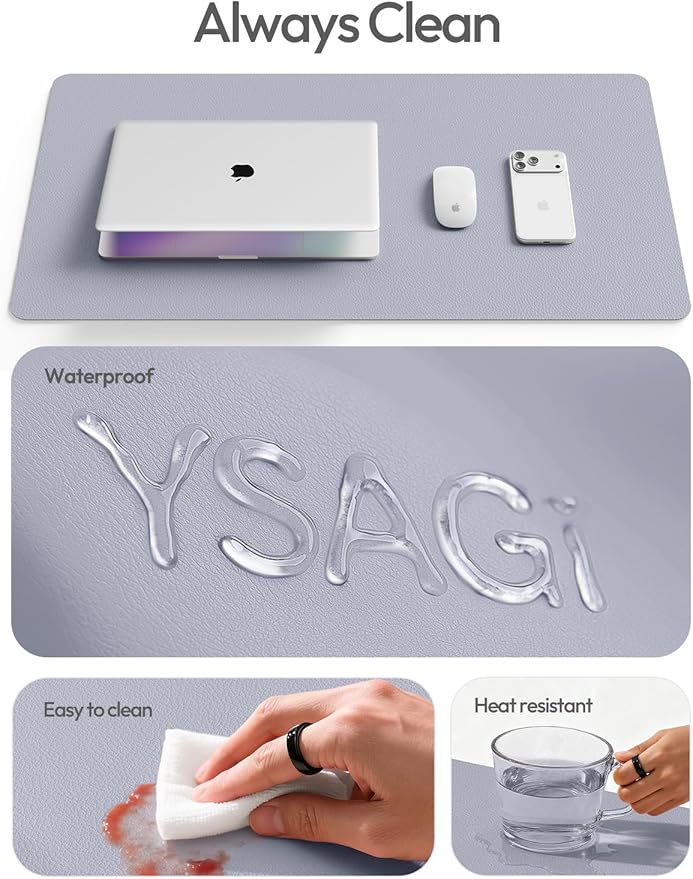 YSAGi Leather Desk Pad Protector, Office Desk Mat, Large Mouse Pad, Non-Slip PU Leather Desk Blotter, Laptop Desk Pad, Waterproof Desk Writing Pad for Office and Home (Soft Lavender, 35.4" x 17")