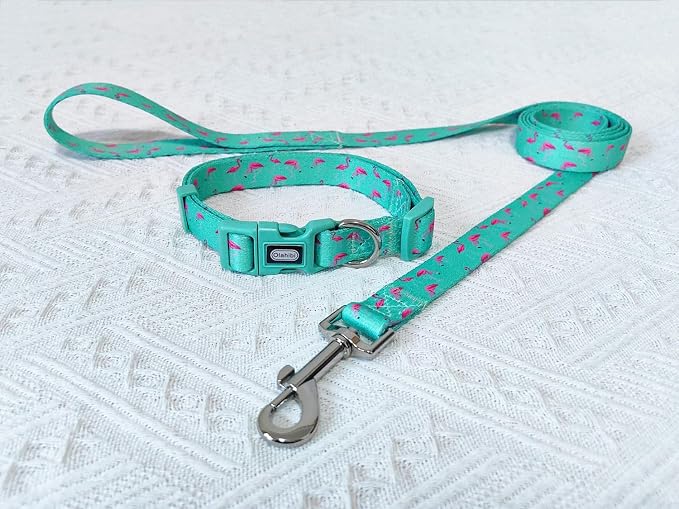 Dog Collar Leash Set, Flamingo Pattern, Polyester Material, Adjustable Collar and 5ft Matching Leash, for Puppy Dogs.(XS, Green Flamingo)