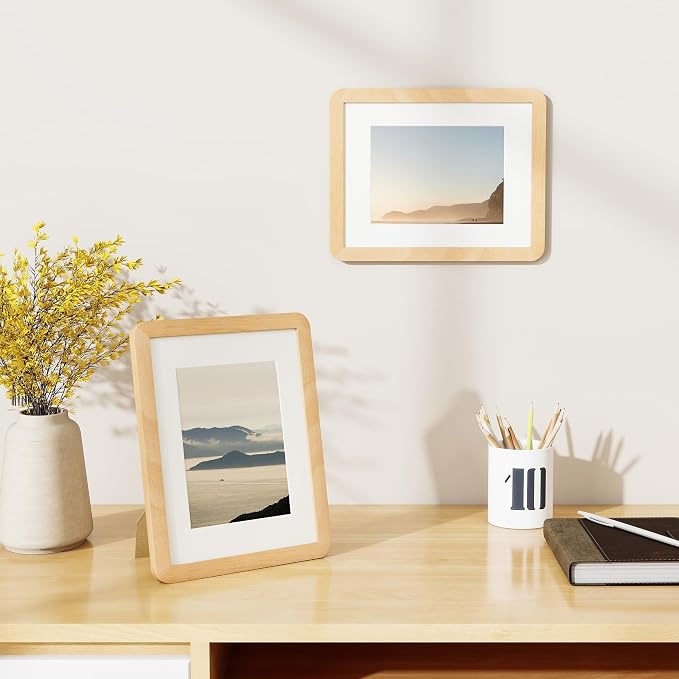 Fun Memories 8.5x11 Picture Frame - Solid Beech Wood Diploma & Certificate Frame, 8.5x11 Frame with Mat for 6x8 Photos, Awards & Achievements, Tabletop and Wall Display with Real Glass, Natural Beech