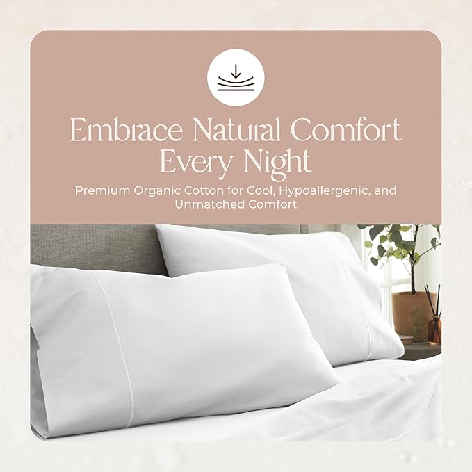 100% Organic Cotton Sheets Twin XL - GOTS Certified Organic Bed Sheets with Deep Pocket 500 Thread Count and Cozy Sateen Weave Gets Softer with Each Wash - Luxury 3 Piece Set (White, Twin XL)