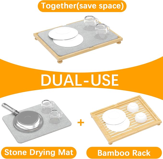 Golener Stone Drying Mat for Kitchen Counter, Dish Drying Pad with Bamboo Rack, Super Absorbent Diatomaceous Earth and Drying Rack, Multi-purpose Quick Drying Mat Rack for Kitchen, 16āx12ā, Dark Grey