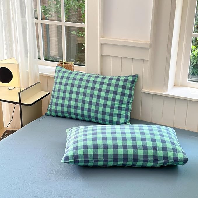 FACE TWO FACE Bedding Duvet Cover Set100% Washed Cotton Duvet Cover Linen Like Textured Breathable Durable Soft Comfy (Queen, Blue Green Grid)