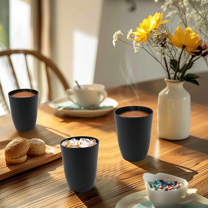 Wheat Straw Cups Sets of 6, Plastic Cups Reusable, Drinking Cup for Kitchen, Small Kids Cup, Unbreakable Water Cup, Dishwasher Safe Plastic Glasses for Kitchen, Camping, School (Black)
