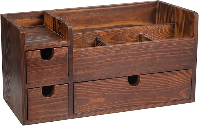 Rustic Brown Wooden Desktop Organizer Drawers Removable Office Supplies Torched Wood Storage Cabinet Caddy Box Stationery Pencil Slots Mail Holder Notes Accessories Home Makeup Tools Cosmetics