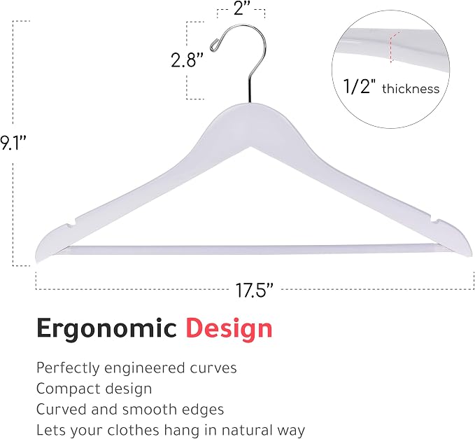 Quality Wooden Hangers - Slightly Curved Hanger 90 Pack Sets - Solid Wood Coat Hangers with Stylish Chrome Hooks - Heavy-Duty Clothes, Jacket, Shirt, Pants, Suit Hangers (White, 90)