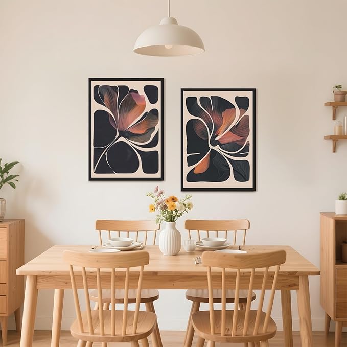 Abstract Floral Wall Art Prints Set of 2 Modern Mid Century Botanical Canvas Painting Posters Black Orange Flower Picture Wall Decor Aesthetic for Bedroom Home Decor 24x36inch Wooden Framed