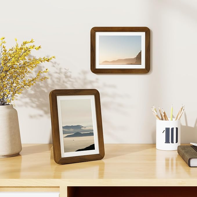 Fun Memories 6x8 Picture Frame - Solid Walnut Wood Frame for Wall & Tabletop Display, 6x8 Frame Matted to 5x7, 6 By 8 Horizontal or Vertical with Tempered Glass & Wall Kit, Natural Walnut