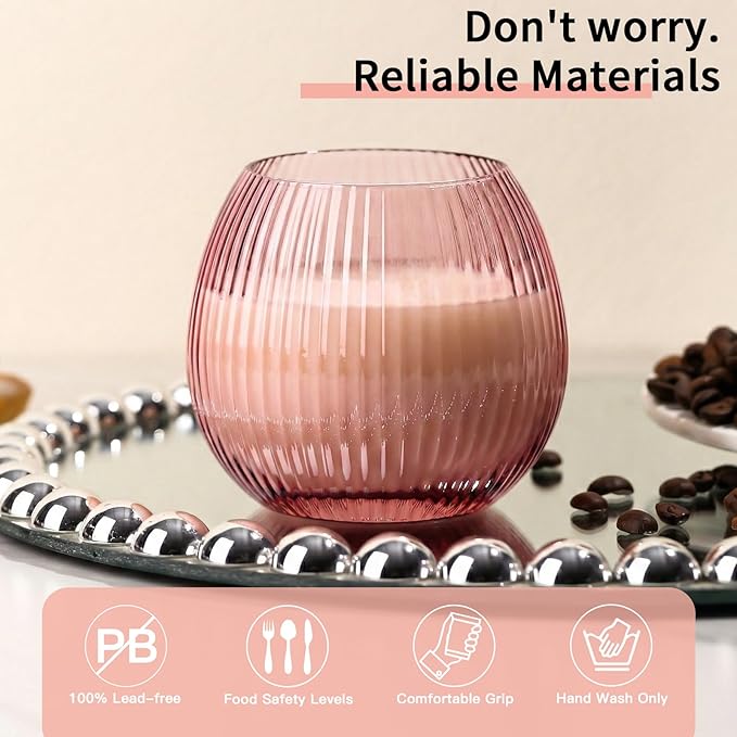 JOVGANK Pink Ribbed Drinking Glasses Set of 6-10.8 OZ Stemless Wine Champagne Whiskey Cocktail Glass, Reusable Wine Cups for Home Party Wedding Bar