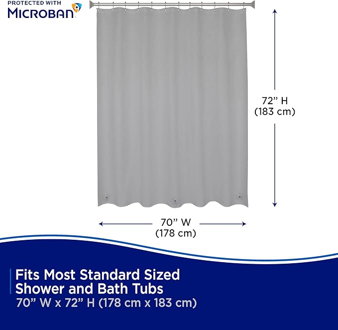 Kenney - Microban PEVA Shower Curtain Liner, Waterproof Medium-Weight 4.8 Gauge Design with Rust-Resistant Metal Grommets and Weighted Magnetic Hem, 70" x 72", Gray