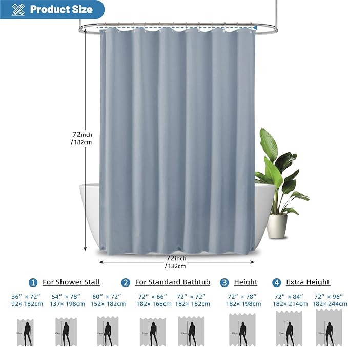 1 Pack Water-Repellent Fabric Shower Curtain Liner - Hotel Quality Machine Washable, 3 Heavy-Duty Magnets with Rustproof Grommets & Weighted Hem, Standard Size 72x72in Fog Blue