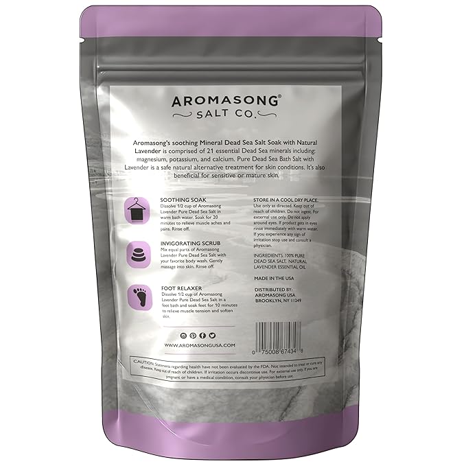 Aromasong Pure Raw Dead Sea Salt for Soaking with 100% Natural Lavender, 2.43 LB - Spa Bath Salt Fine Grain - Body Wash Scrub - Soak for Women & Men- Bulk Resealable Pack