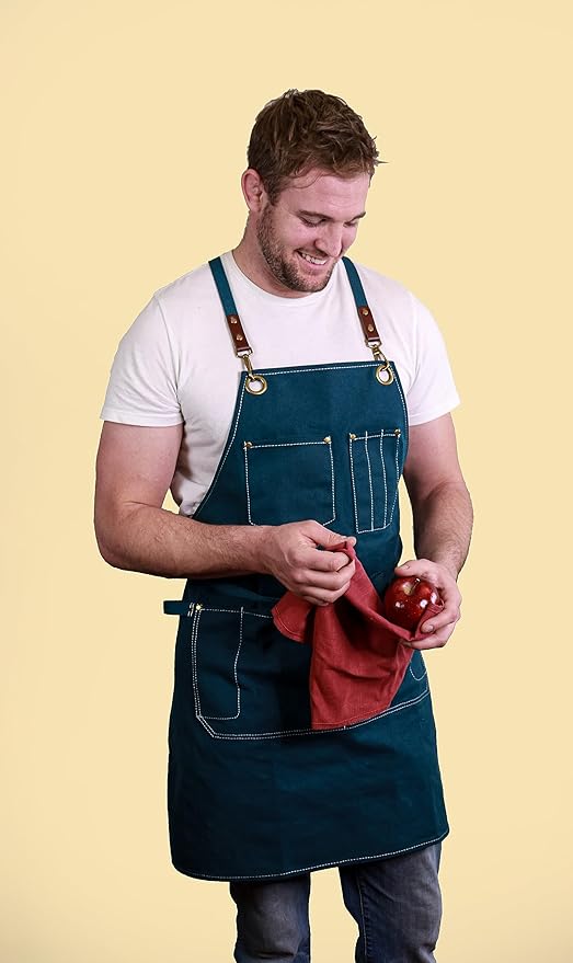 Caldo Canvas Kitchen Apron for Cooking - Mens and Womens Canvas Apron for Professional Chef, Server, or Barista- Adjustable with Pockets (Spruce)
