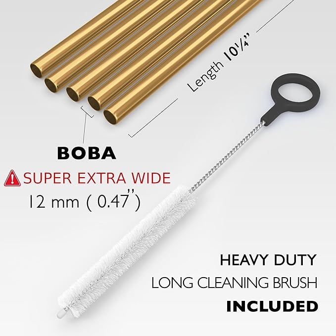 Fiesta First 5 Super Extra Wide Boba Straws Stainless Steel. 10.23" Long Metal Straws Reusable Fat Thick Large Jumbo for Smoothies, Bubble Tea. Dishwasher Safe Hard Drinking Straws. GOLD