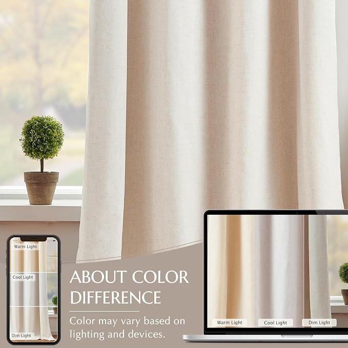 jinchan 100% Blackout Curtains 84 Inch Length 2 Panels Set Thermal Insulated Farmhouse Curtains for Bedroom Living Room Neutral Linen Drapes Light Blocking Grommet Window Treatments Natural 7FT