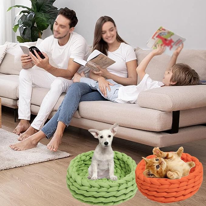 Woven Dog Bed Basket, Knitted Cotton Cat Bed Round Washable Woven Cat Pet Bed Chunky Dog Basket, Orthopedic, Chunky Knit Dog Nest,Dog Bed,Dog Cave,Dog Bedding(Gray,17")