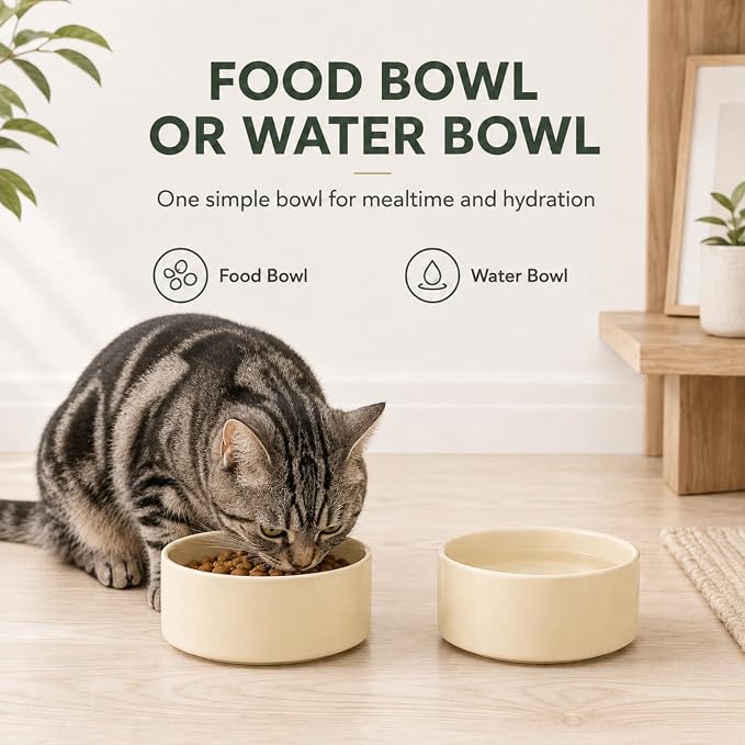 Havniva Cat Bowls Water Bowl Set of Two, 5.1” Ceramic Cat Food and Water Bowl Whisker Friendly Pet Food Bowls for Indoor Cats, Wide Cat Water Dish Prevent Whisker Fatigue Non Slip Cat Feeder