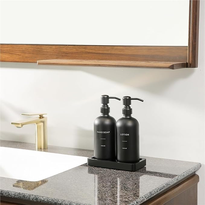 Liquid Dispenser Soap Dispenser Set Glass with Stainless Steel Pump Countertop Soap Bottle(Black Pump+Black Bottle)