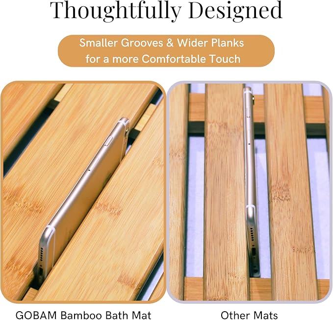 GOBAM Bamboo Bath Mat, Large, 26 x 15.75 x 1.34 inches - Water Resistant, Non-Slip Shower Mat for Spa, Sauna, Kitchen, Pool, Indoor, Outdoor - Bamboo Bathroom Accessories - Natural