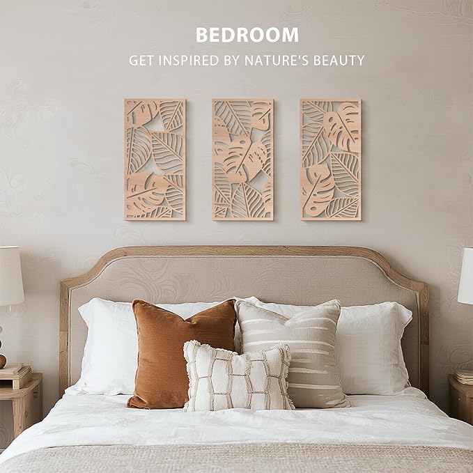 VIYYIEA Boho Solid Wood Carved Wall Art Set of 3, Geometric Minimalist Wooden Home Decor Panels, Handcrafted Solid Wood Wall Hanging for Living Room Bedroom Hallway, 16 x 8 Inch Each (Leaves Oak)