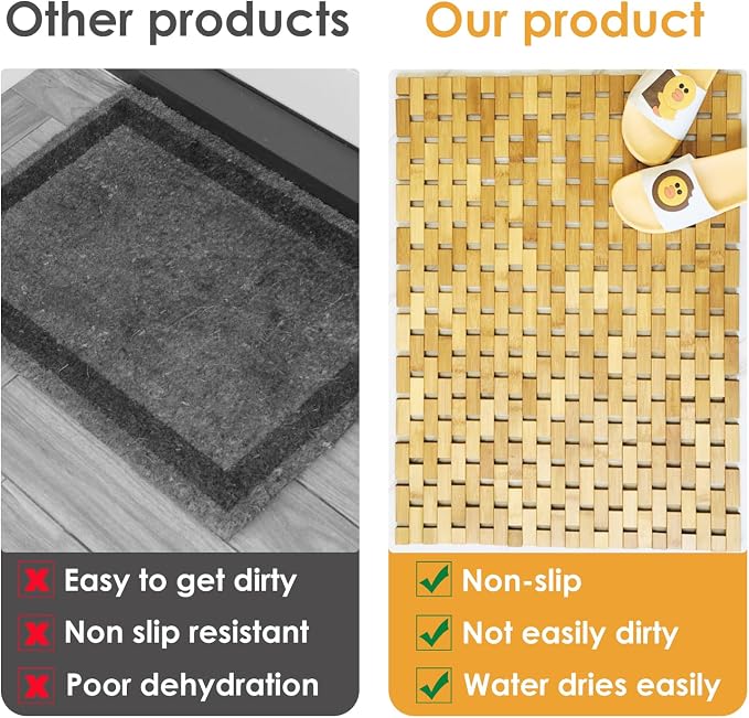 Bamboo Bath Mat with Anti Slip Pads,23.6x35.5 inches Bathroom Shower and Bathtub Floor Mats,Non Slip Water Proof Mat,Indoor Outdoor Use for Kitchen Bedroom Bathroom Toilet Pet Mat Floor Rug
