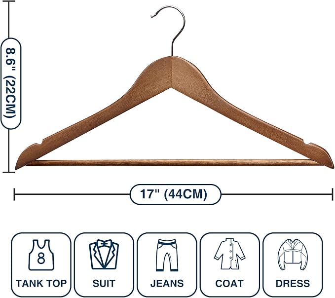 Wood Hangers - 60 Pack Solid Shirt Hangers, Heavy Duty & Slim Wooden Hangers, for Suit, Coat, Jacket, Pants (Walnut)