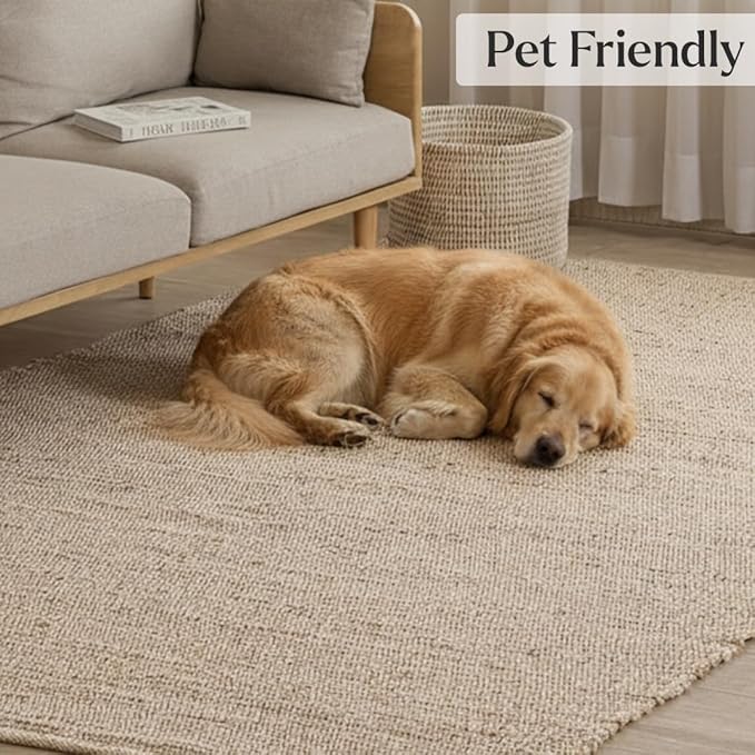 HOMEMONDE Hand Woven Jute Cotton Area Rug 6' x 9' ft Rectangle Natural Farmhouse Rug - Rustic Vintage Boho Decor Rug for Living Room, Bedroom, Dining Room